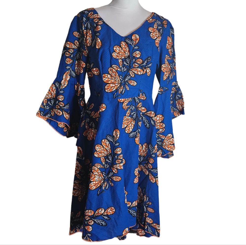 Blue African Ankara Print Dress Sz Large ? Bell Sleeve Hi Low Hem Wedding Party